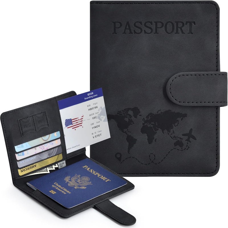 KAOBAN Passport Holder, Passport Cover with Credit Card Slot and Boarding Pass Slot Combo, Passport Wallet Case Book Travel Must Have, RFID Blocking Leather Travel Accessories, Black - Image 2